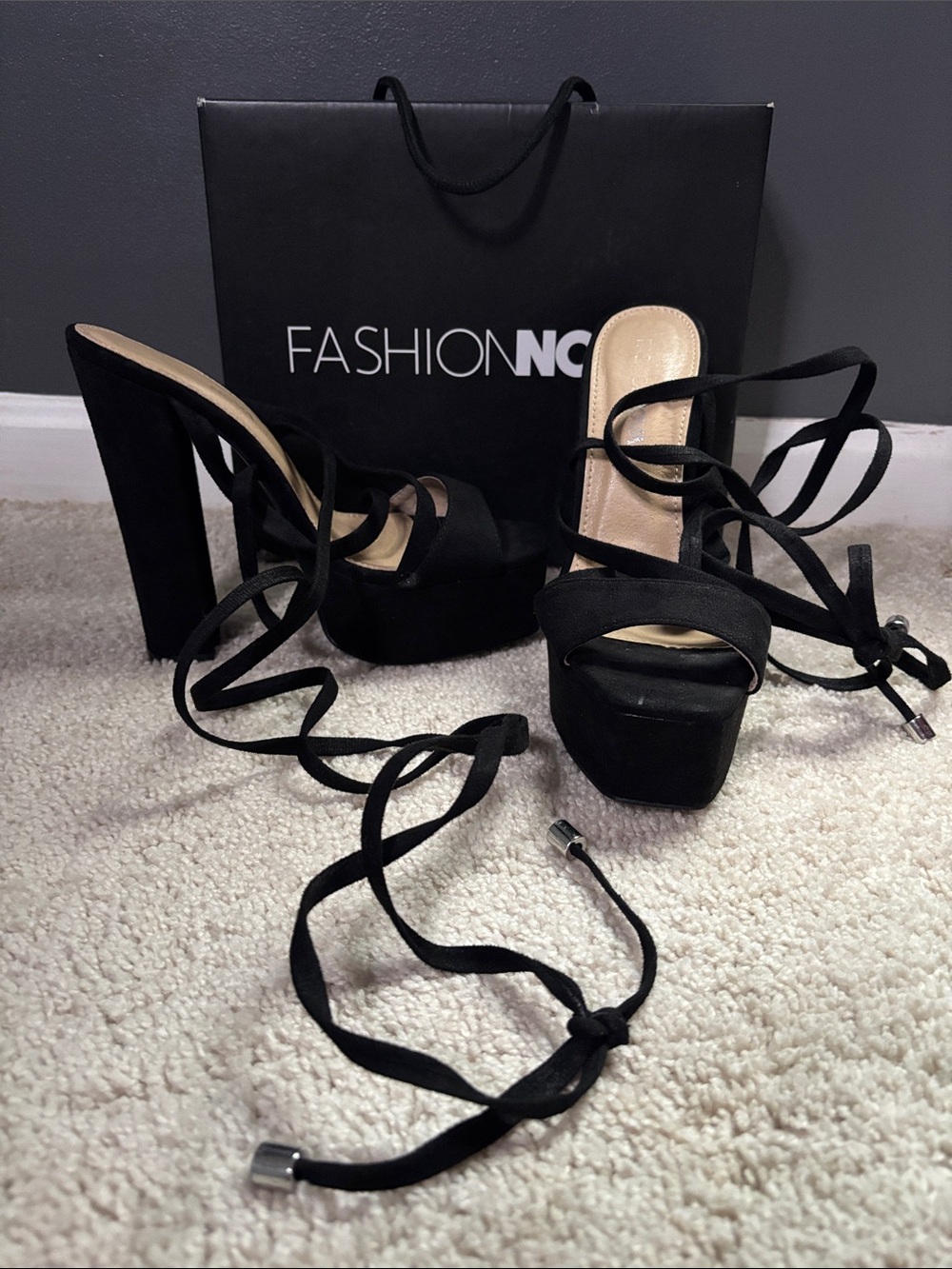 Fashion Nova Black Lace-Up Platform Block Heel Sandals